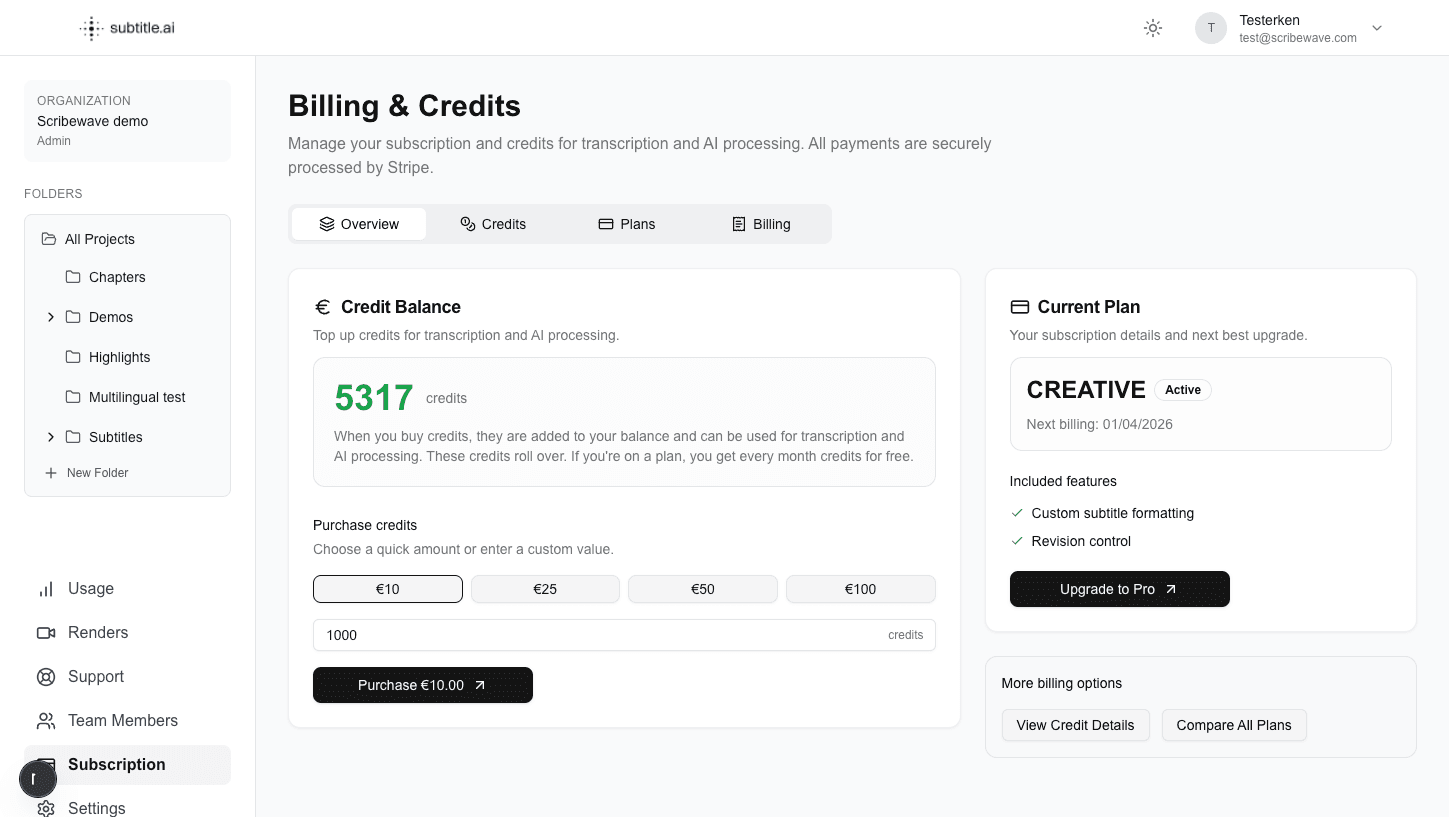 Subscription and billing area