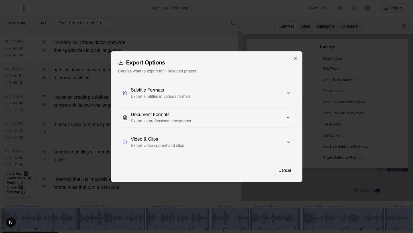 Export options modal
