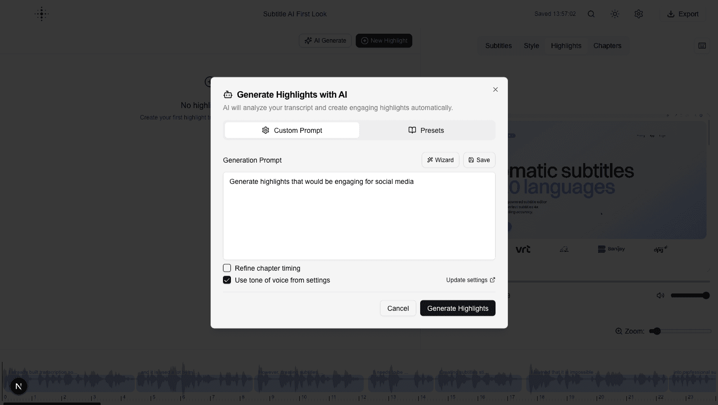 Generate highlights modal after clicking AI Generate