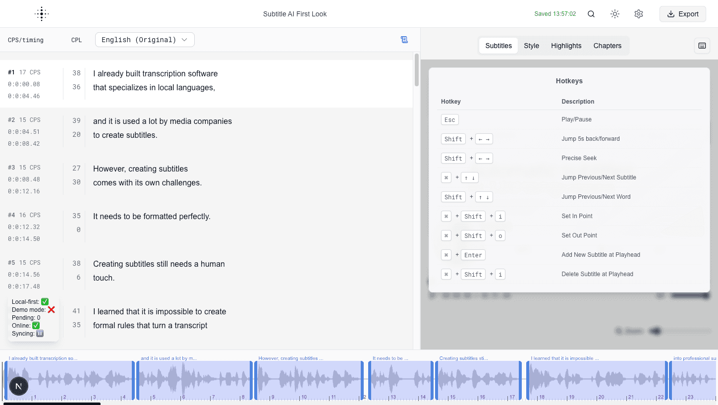 Hotkey reference panel in the editor
