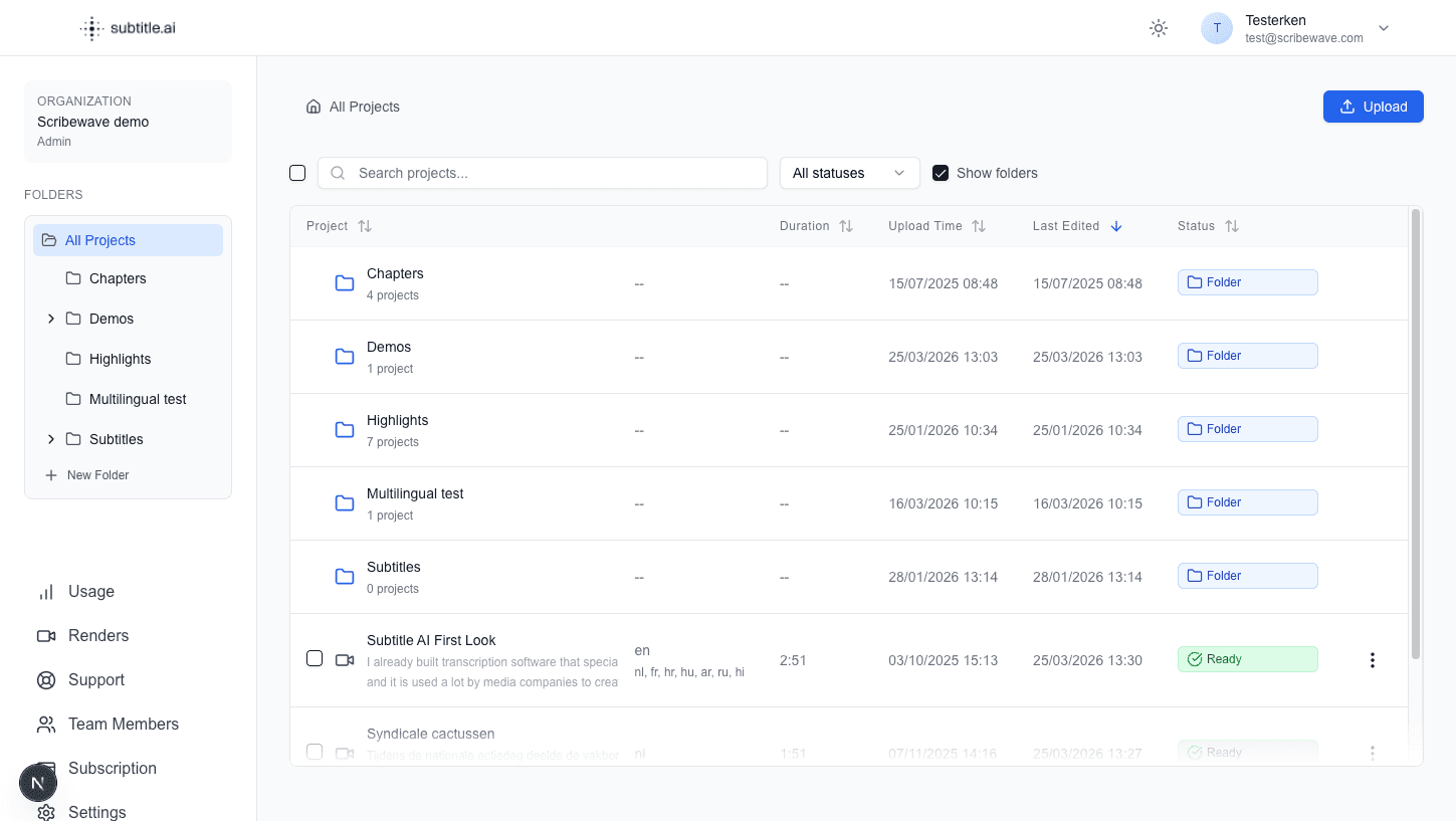Projects view with folders and project list