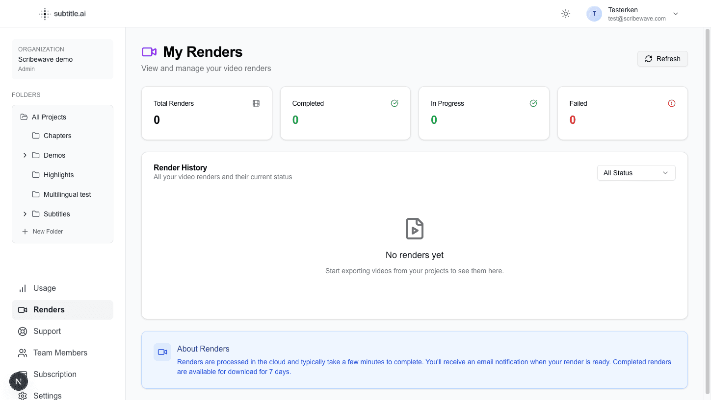 Renders page showing render jobs and status