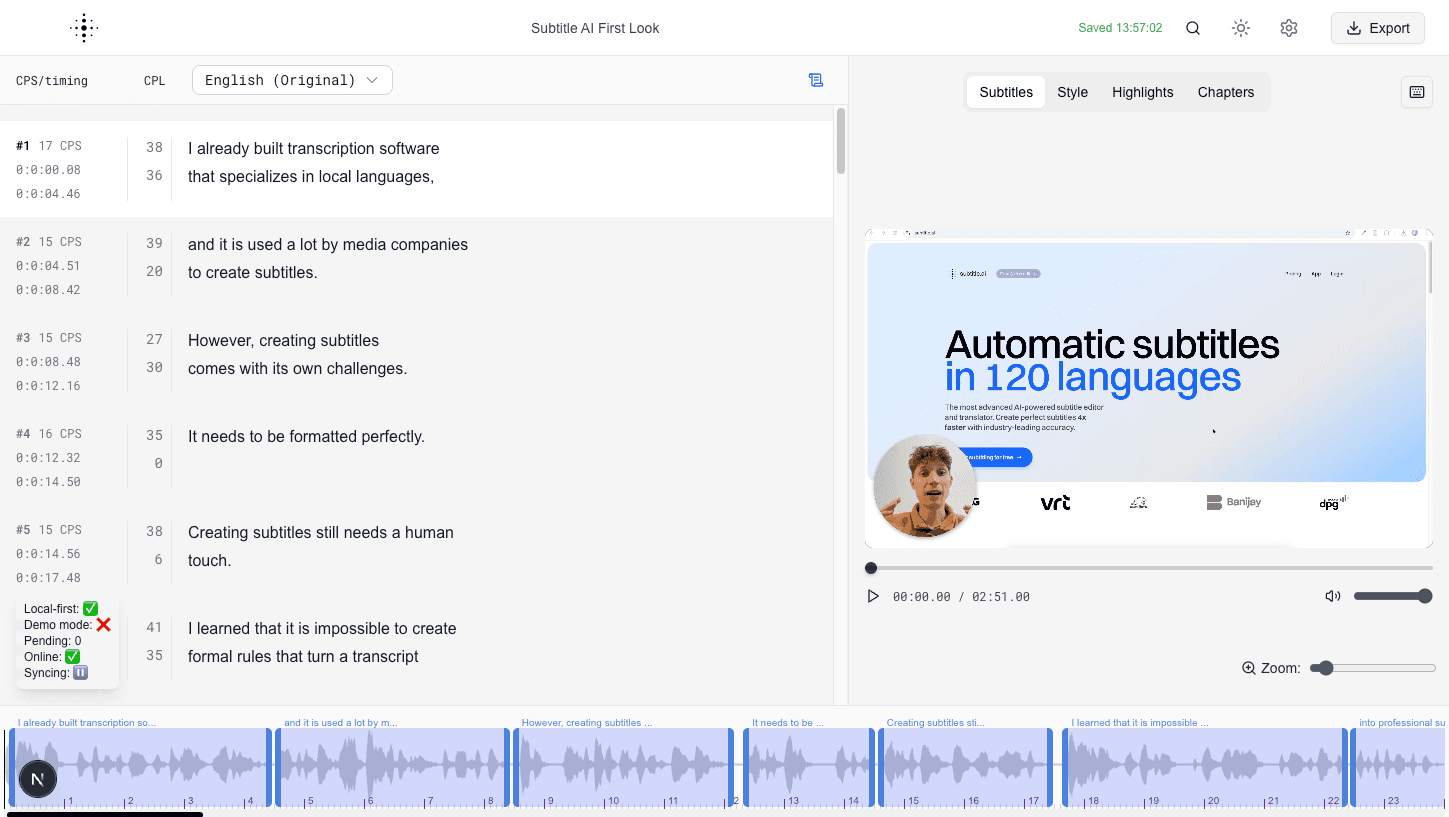 Subtitle table focused on timing and text editing